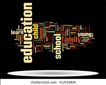 Vector concept or conceptual education abstract word cloud, black background, metaphor to child, family, school, life, learn, knowledge, home, study, teach, educational, achievement, childhood or teen