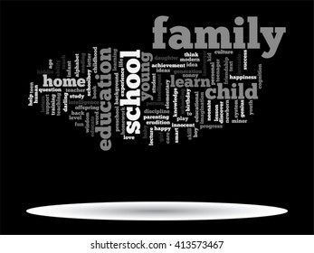 Vector concept or conceptual education abstract word cloud, black background, metaphor to child, family, school, life, learn, knowledge, home, study, teach, educational, achievement, childhood or teen