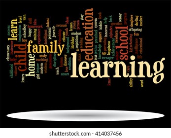 Vector concept or conceptual education abstract word cloud, black background, metaphor to child, family, school, life, learn, knowledge, home, study, teach, educational, achievement, childhood or teen
