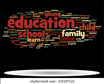 Concepto vectorial o educación conceptual nube de palabras abstracta, fondo negro, metáfora al niño, la familia, la escuela, la vida, el aprendizaje, el conocimiento, el hogar, el estudio, la enseñanza, la educación, el logro, la infancia o la adolescencia
