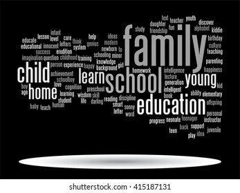 Vector concept or conceptual education abstract word cloud, black background, metaphor to child, family, school, life, learn, knowledge, home, study, teach, educational, achievement, childhood or teen