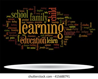 Vector concept or conceptual education abstract word cloud, black background, metaphor to child, family, school, life, learn, knowledge, home, study, teach, educational, achievement, childhood or teen