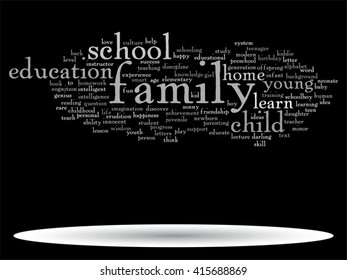 Concepto vectorial o educación conceptual nube de palabras abstracta, fondo negro, metáfora al niño, la familia, la escuela, la vida, el aprendizaje, el conocimiento, el hogar, el estudio, la enseñanza, la educación, el logro, la infancia o la adolescencia