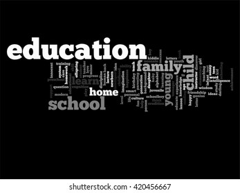 Vector concept or conceptual education abstract word cloud, black background, metaphor to child, family, school, life, learn, knowledge, home, study, teach, educational, achievement, childhood or teen