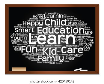 Vector concept or conceptual education abstract word cloud, blackboard background, metaphor to child, family, school, learn, knowledge, home, study, teach, educational, achievement, childhood or teen