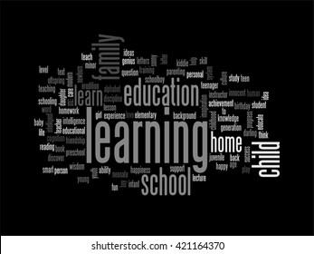 Vector concept or conceptual education abstract word cloud, black background, metaphor to child, family, school, life, learn, knowledge, home, study, teach, educational, achievement, childhood or teen