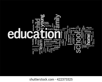 Vector concept or conceptual education abstract word cloud, black background, metaphor to child, family, school, life, learn, knowledge, home, study, teach, educational, achievement, childhood or teen