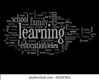 Vector concept or conceptual education abstract word cloud, black background, metaphor to child, family, school, life, learn, knowledge, home, study, teach, educational, achievement, childhood or teen