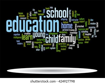 Vector concept or conceptual education abstract word cloud, black background, metaphor to child, family, school, life, learn, knowledge, home, study, teach, educational, achievement, childhood or teen