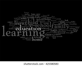 Concepto vectorial o educación conceptual nube de palabras abstracta, fondo negro, metáfora al niño, la familia, la escuela, la vida, el aprendizaje, el conocimiento, el hogar, el estudio, la enseñanza, la educación, el logro, la infancia o la adolescencia