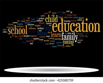 Conceito vetorial ou educação conceitual nuvem de palavras abstratas, fundo preto, metáfora para criança, família, escola, vida, aprender, conhecimento, casa, estudo, ensinar, educacional, realização, infância ou adolescente