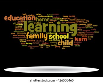 Vector concept or conceptual education abstract word cloud, black background, metaphor to child, family, school, life, learn, knowledge, home, study, teach, educational, achievement, childhood or teen