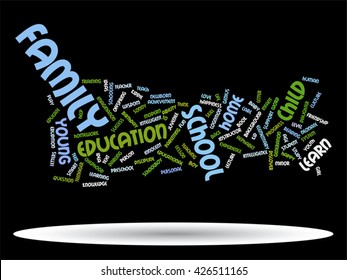 Vector concept or conceptual education abstract word cloud, black background, metaphor to child, family, school, life, learn, knowledge, home, study, teach, educational, achievement, childhood or teen