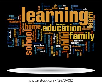 Vector concept or conceptual education abstract word cloud, black background, metaphor to child, family, school, life, learn, knowledge, home, study, teach, educational, achievement, childhood or teen