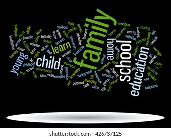 Vector concept or conceptual education abstract word cloud, black background, metaphor to child, family, school, life, learn, knowledge, home, study, teach, educational, achievement, childhood or teen