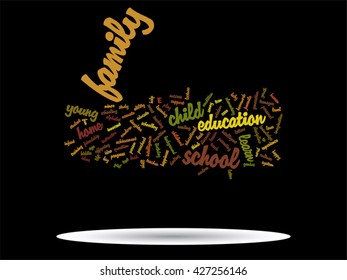 Vector concept or conceptual education abstract word cloud, black background, metaphor to child, family, school, life, learn, knowledge, home, study, teach, educational, achievement, childhood or teen