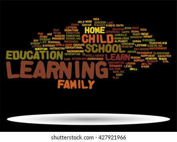 Concepto vectorial o educación conceptual nube de palabras abstracta, fondo negro, metáfora al niño, la familia, la escuela, la vida, el aprendizaje, el conocimiento, el hogar, el estudio, la enseñanza, la educación, el logro, la infancia o la adolescencia
