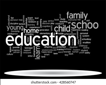 Concepto vectorial o educación conceptual nube de palabras abstracta, fondo negro, metáfora al niño, la familia, la escuela, la vida, el aprendizaje, el conocimiento, el hogar, el estudio, la enseñanza, la educación, el logro, la infancia o la adolescencia