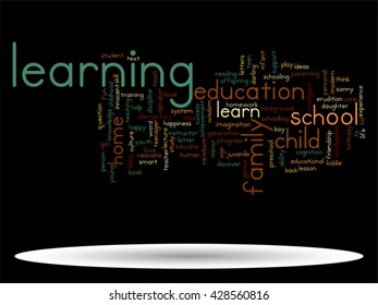 Vector concept or conceptual education abstract word cloud, black background, metaphor to child, family, school, life, learn, knowledge, home, study, teach, educational, achievement, childhood or teen