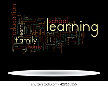 Concepto vectorial o educación conceptual nube de palabras abstracta, fondo negro, metáfora al niño, la familia, la escuela, la vida, el aprendizaje, el conocimiento, el hogar, el estudio, la enseñanza, la educación, el logro, la infancia o la adolescencia