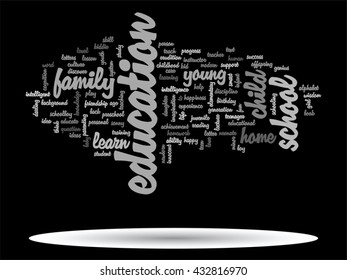 Concepto vectorial o educación conceptual nube de palabras abstracta, fondo negro, metáfora al niño, la familia, la escuela, la vida, el aprendizaje, el conocimiento, el hogar, el estudio, la enseñanza, la educación, el logro, la infancia o la adolescencia