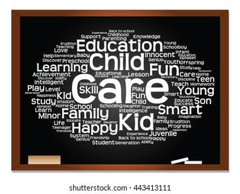 Vector concept or conceptual education abstract word cloud, blackboard background, metaphor to child, family, school, learn, knowledge, home, study, teach, educational, achievement, childhood or teen