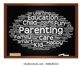Vektor-Konzept oder konzeptionelle Erziehung abstrakte Wort-Cloud, schwarzer Hintergrund, Metapher für Kind, Familie, Schule, Lernen, Wissen, Zuhause, Studium, Lehre, Erziehung, Leistung, Kindheit oder Teenager
