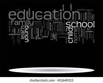 Vector concept or conceptual education abstract word cloud, black background, metaphor to child, family, school, life, learn, knowledge, home, study, teach, educational, achievement, childhood or teen
