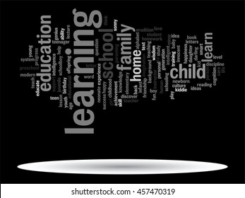 Concepto vectorial o educación conceptual nube de palabras abstracta, fondo negro, metáfora al niño, la familia, la escuela, la vida, el aprendizaje, el conocimiento, el hogar, el estudio, la enseñanza, la educación, el logro, la infancia o la adolescencia