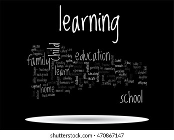 Concepto vectorial o educación conceptual nube de palabras abstracta, fondo negro, metáfora al niño, la familia, la escuela, la vida, el aprendizaje, el conocimiento, el hogar, el estudio, la enseñanza, la educación, el logro, la infancia o la adolescencia