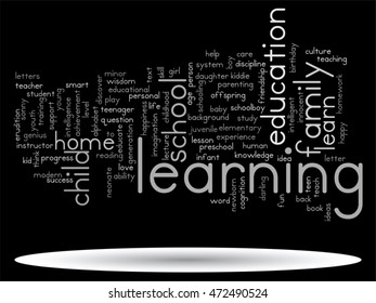 Vector concept or conceptual education abstract word cloud, black background, metaphor to child, family, school, life, learn, knowledge, home, study, teach, educational, achievement, childhood or teen