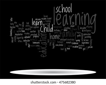 Concepto vectorial o educación conceptual nube de palabras abstracta, fondo negro, metáfora al niño, la familia, la escuela, la vida, el aprendizaje, el conocimiento, el hogar, el estudio, la enseñanza, la educación, el logro, la infancia o la adolescencia