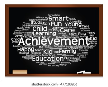 Vector concept or conceptual education abstract word cloud, blackboard background, metaphor to child, family, school, learn, knowledge, home, study, teach, educational, achievement, childhood or teen