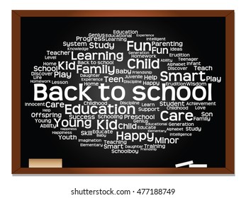 Vector concept or conceptual education abstract word cloud, blackboard background, metaphor to child, family, school, learn, knowledge, home, study, teach, educational, achievement, childhood or teen