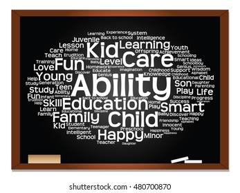 Vector concept or conceptual education abstract word cloud, blackboard background, metaphor to child, family, school, learn, knowledge, home, study, teach, educational, achievement, childhood or teen