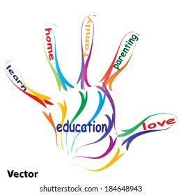 Vektorkonzept oder konzeptionelle Erziehung handdrucken Wort Wolke, weißer Hintergrund, Metapher für Kind, Familie, Schule, Leben, Lernen, Wissen, Zuhause, Studium, Lehre, Erziehung, Kindheit,