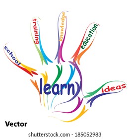 Vector concept or conceptual education hand print word cloud, white background, metaphor to child, family, school, life, learn, knowledge, home, study, teach, educational, achievement, childhood, teen