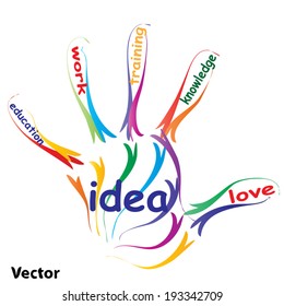 Vector concept or conceptual education hand print word cloud, white background, metaphor to child, family, school, life, learn, knowledge, home, study, teach, educational, achievement, childhood, teen