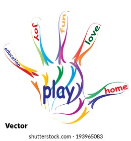 Vector concept or conceptual education hand print word cloud, white background, metaphor to child, family, school, life, learn, knowledge, home, study, teach, educational, achievement, childhood, teen