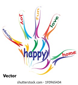 Vector concept or conceptual education hand print word cloud, white background, metaphor to child, family, school, life, learn, knowledge, home, study, teach, educational, achievement, childhood, teen