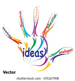 Vector concept or conceptual education hand print word cloud, white background, metaphor to child, family, school, life, learn, knowledge, home, study, teach, educational, achievement, childhood, teen
