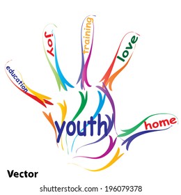 Concepto vectorial o educación conceptual imprenta mano nube de palabras, fondo blanco, metáfora al niño, la familia, la escuela, la vida, el aprendizaje, el conocimiento, el hogar, el estudio, la enseñanza, la educación, el logro, la infancia, la adolescencia