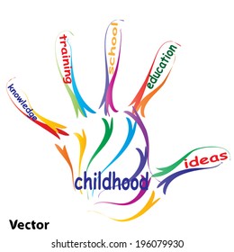 Vector concept or conceptual education hand print word cloud, white background, metaphor to child, family, school, life, learn, knowledge, home, study, teach, educational, achievement, childhood, teen