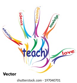 Vector concept or conceptual education hand print word cloud, white background, metaphor to child, family, school, life, learn, knowledge, home, study, teach, educational, achievement, childhood, teen