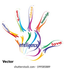 Vector concept or conceptual education hand print word cloud, white background, metaphor to child, family, school, life, learn, knowledge, home, study, teach, educational, achievement, childhood, teen