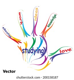 Vector concept or conceptual education hand print word cloud, white background, metaphor to child, family, school, life, learn, knowledge, home, study, teach, educational, achievement, childhood, teen
