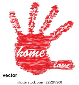 Vector concept or conceptual education hand print word cloud, white background, metaphor to child, family, school, life, learn, knowledge, home, study, teach, educational, achievement, childhood, teen