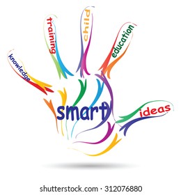 Vector concept or conceptual education hand print word cloud, white background, metaphor to child, family, school, life, learn, knowledge, home, study, teach, educational, achievement, childhood, teen