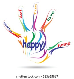Vector concept or conceptual education hand print word cloud, white background, metaphor to child, family, school, life, learn, knowledge, home, study, teach, educational, achievement, childhood, teen