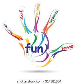Vector concept or conceptual education hand print word cloud, white background, metaphor to child, family, school, life, learn, knowledge, home, study, teach, educational, achievement, childhood, teen